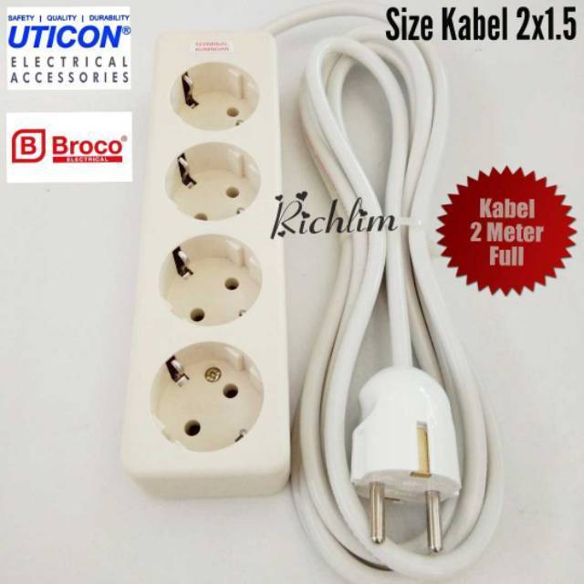 Stop Kontak/Terminal Kabel/Colokan Listrik 4 Lubang Uticon+Steker Arde Broco+Kabel 2 Meter