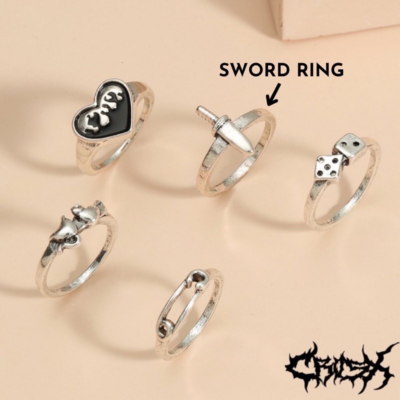 5PCS SWORD RING SET / HIP HOP PUNK SILVER METAL RING SET / CINCIN SET 5 IN 1 VINTAGE LOVE RING DICE RING PIN RING CINCIN PEDANG CINCIN DADU HATI CINCIN COUPLE RING KOREAN STYLE RING CINCIN STYLE KOREA CINCIN AESTHETIC RING CINCIN PRIA CINCIN WANITA