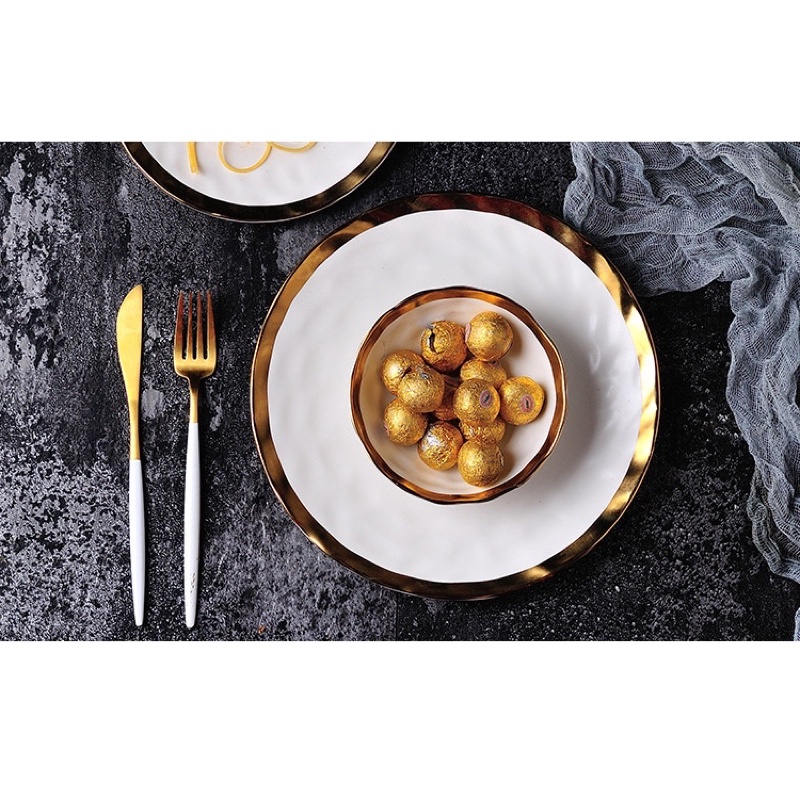 Gold Rim Black Matte Dishes Ceramic Tray Plate piring makan