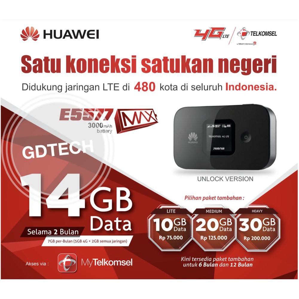 MIFI Modem 4G LTE Huawei E5577 MAX 3000mAh Unlock All Operator Free Telkomsel 14gb Limited
