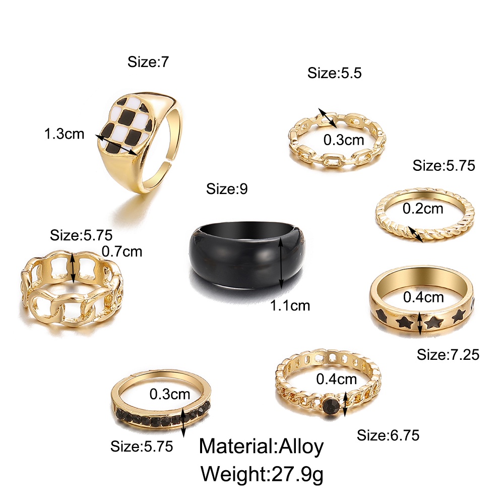 IFYOU 8pcs / Set Cincin Resin Desain Bintang Grid Hitam Putih Gaya Vintage Untuk Wanita