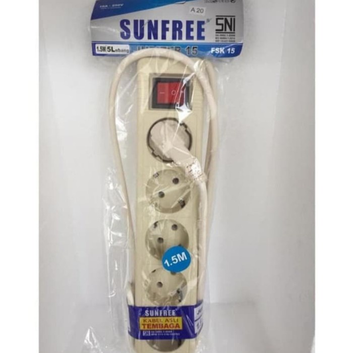 Sunfree Stop kontak 5 lubang + Kabel 1.5 Meter FSK 15 Jupiter