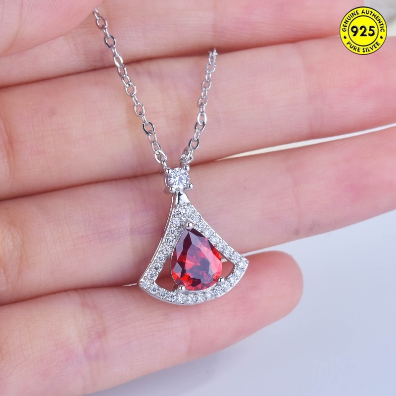 Pomegranate Small Skirt Pendant Micro-Inlaid Diamond Pigeons-Blood Ruby Colored Gems Fan-Shaped Necklace