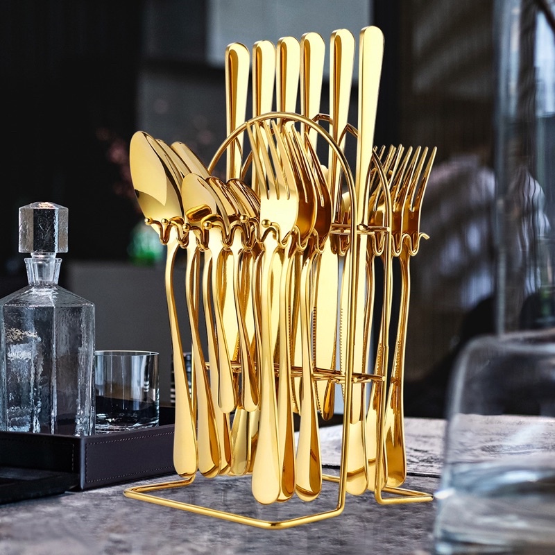 stainless steel cutlery set full gold with hanger sendok