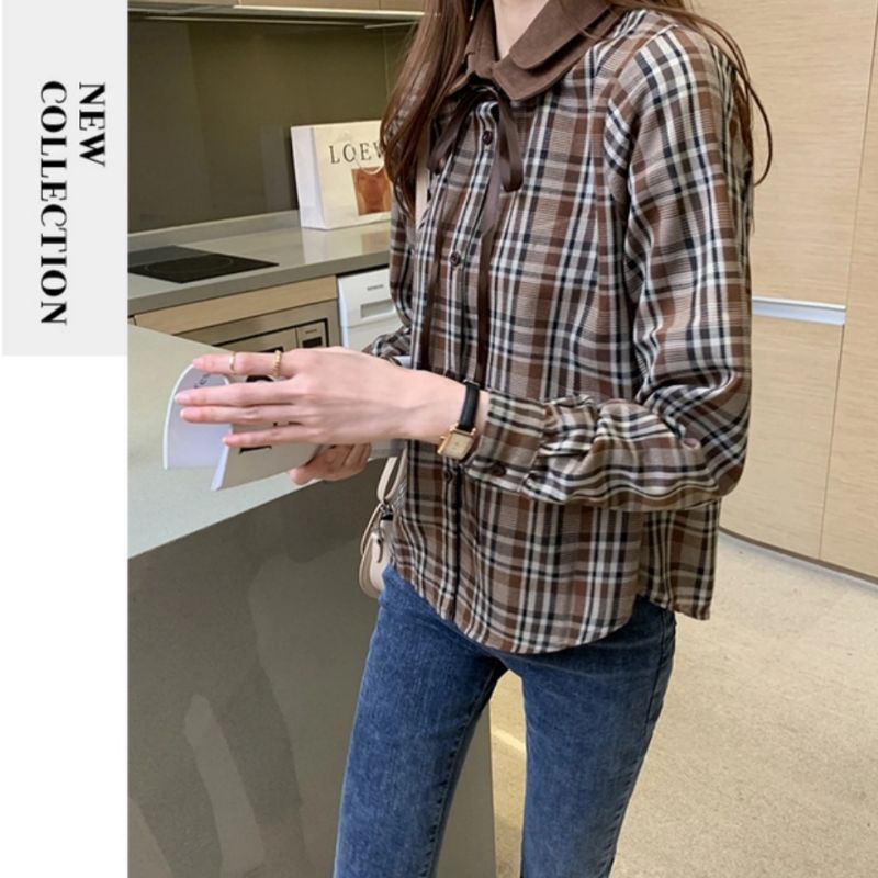 MDLV ~ 8451 Scottish Double Collar Shirt Women Plaid Shirt Premium Kemeja kotak Kemeja Twiscone Kemeja Lengan Panjang Kemeja Import Kemeja Casual Fashion Import