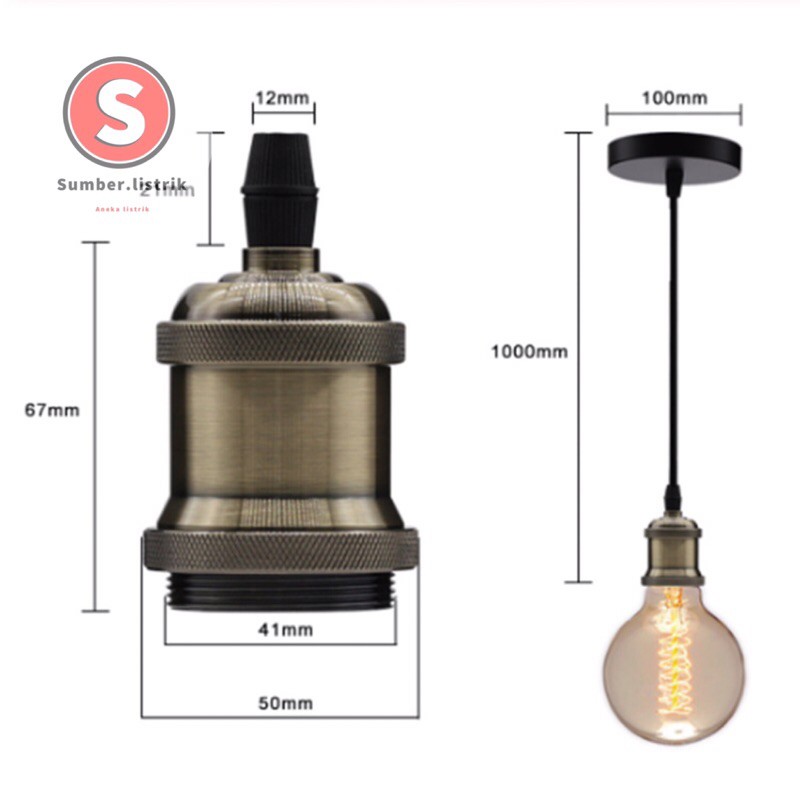 FITING LAMPU GANTUNG E27 ALUMINIUM + KOP KABEL TANPA EDISON FILAMENT