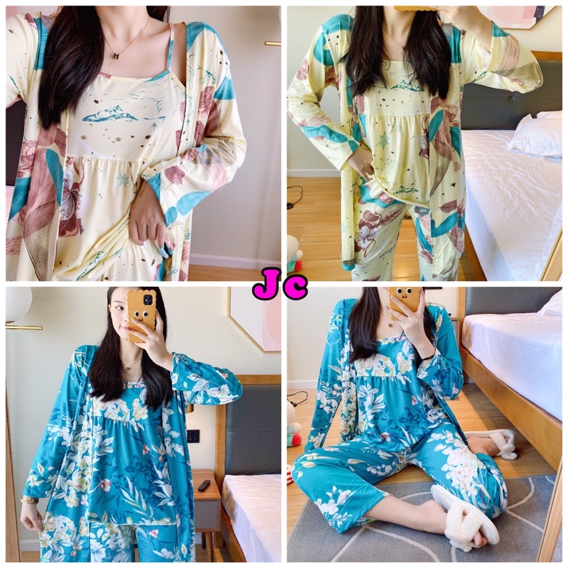 JC- Set Kimono 3in1 PP Import / Baju tidur Kimono Set Kekinian / Set Kimono wanita terbaru