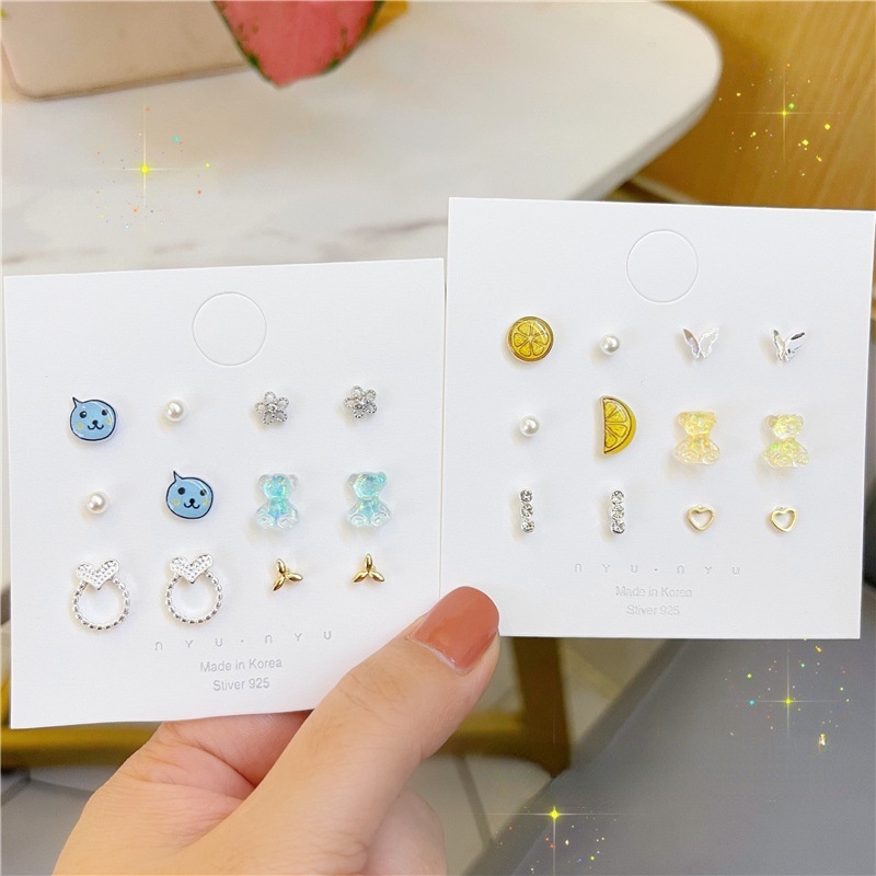 Fashion Pearl Stud Earring Sets with Diamond Bowknot Cute Cartoon Earrings