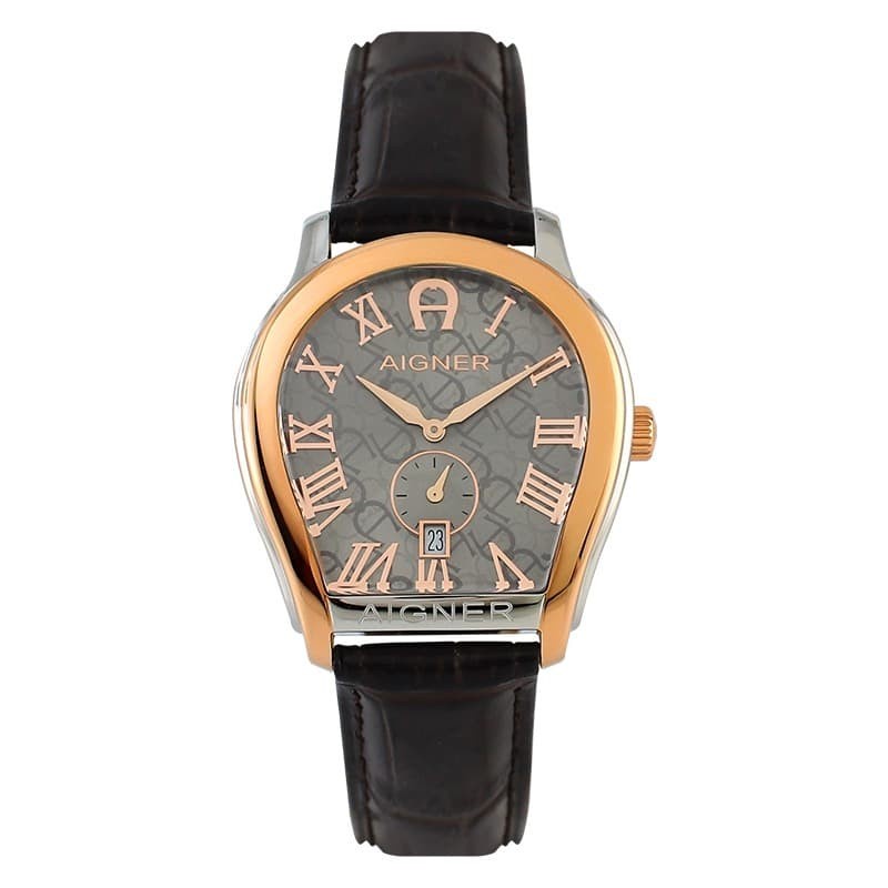 Jam Tangan Pria Aigner Vicenza A111116 Rosegold Dial Grey Strap Leather Brown