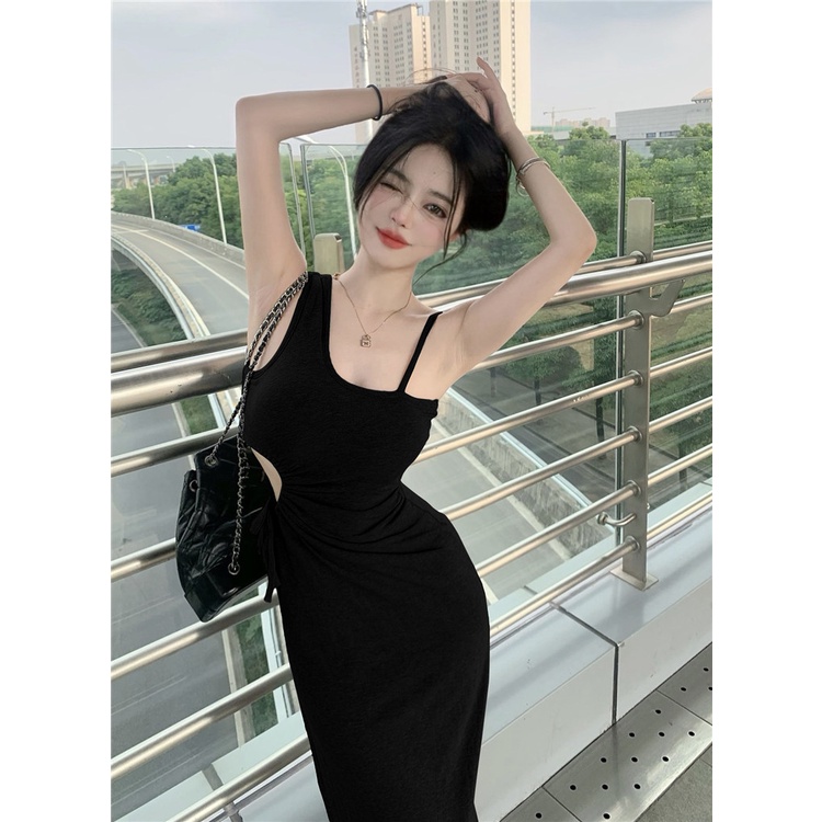 Women Round Drawstring Slit Sleeveless Midi Dress Wanita Tanpa Lengan 1476 (S-XL)