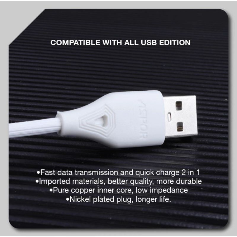 cable data Aspor Tipe-C usb fast charge 3A warna putih