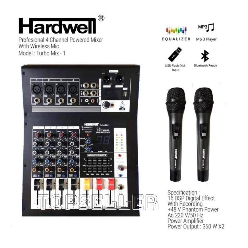 POWER MIXER HARDWELL TURBO MIX 1 ORIGINAL 4 CHANNEL + 2MIC WIRELESS HANDHLED TURBO MIX1 HARDWELL