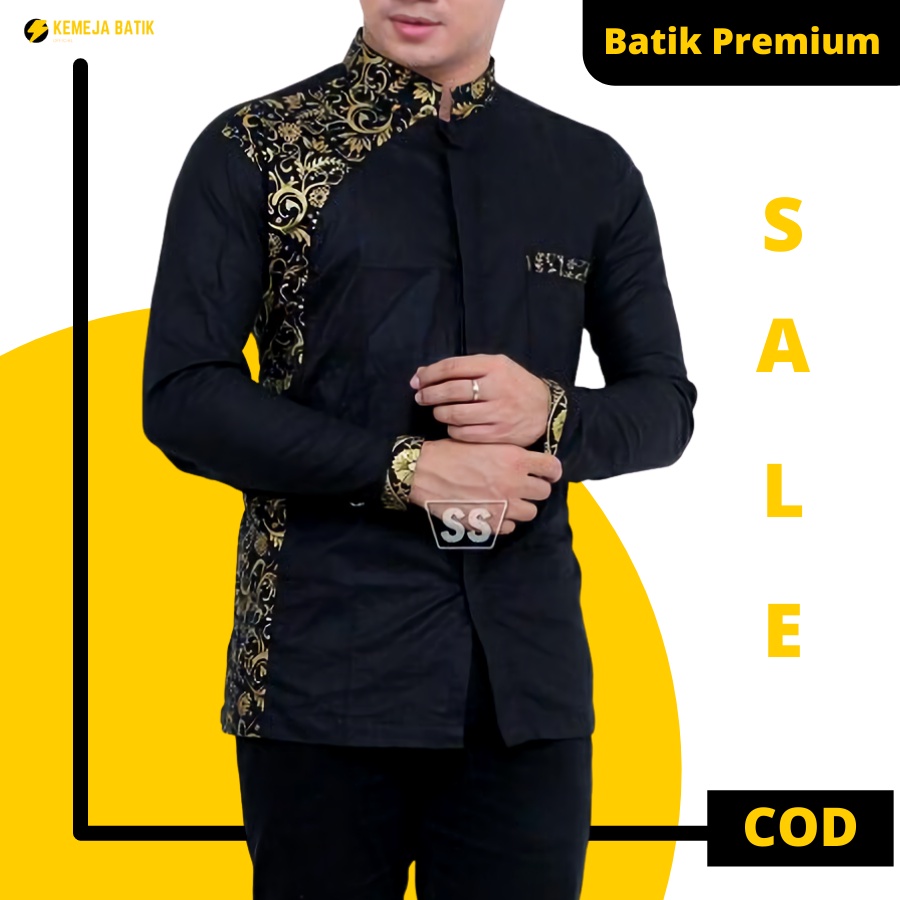 Kemeja Batik Koko Modern Pria Lengan Panjang Pekalongan Premium Remaja Anak Muda Pria Warna Hitam Uk