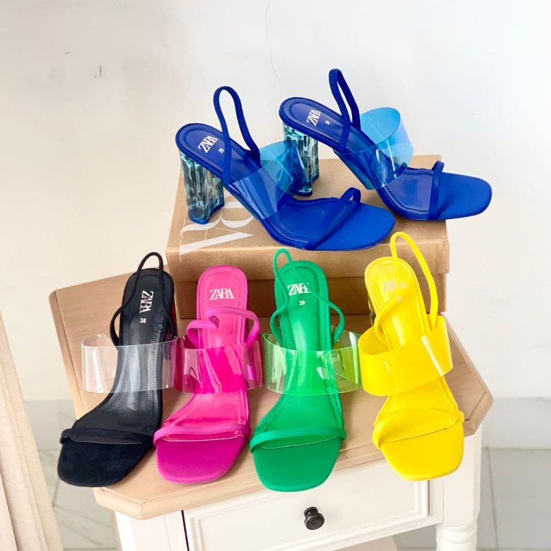 PROMO SALE Sepatu Zara Shoes Heels 9 cm transparant Sandal Hitam biru kuning pink hijau black yellow