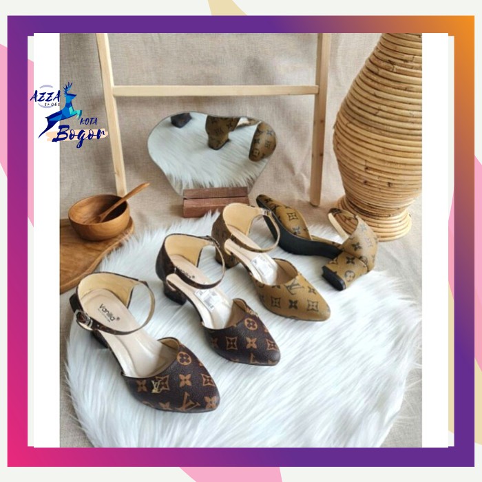 H21 Sepatu Hak Tahu Wanita Model Tali Motif LV Trendi