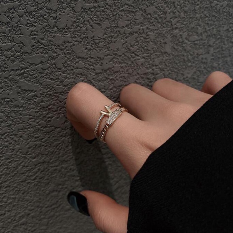 V Berbentuk Cincin Terbuka Kristal Berlian Emas Stainless Steel Perhiasan Fashion Wanita Rings Adjustable Size