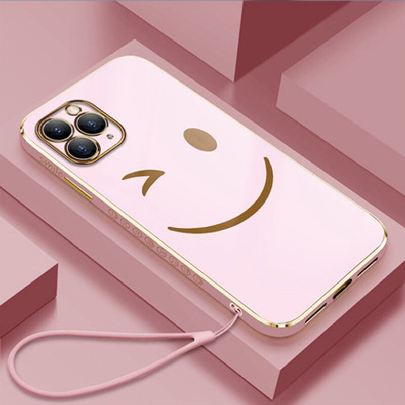 Soft Case Pelindung Motif Wajah Tersenyum Dengan Tali Tangan Electroplating Untuk Iphone 13 12 11 Pro Max X Xs 7 8 Plus Xr
