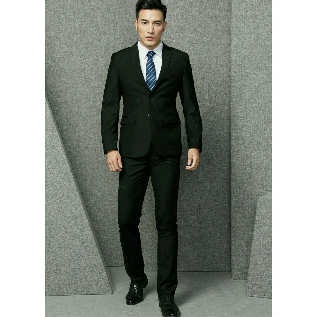 SETELAN JAS FORMAL PRIA SLIMFIT JET BLACK CASUAL 2IN1 BAHAN HIGH TWIST INCLUDE CELANA