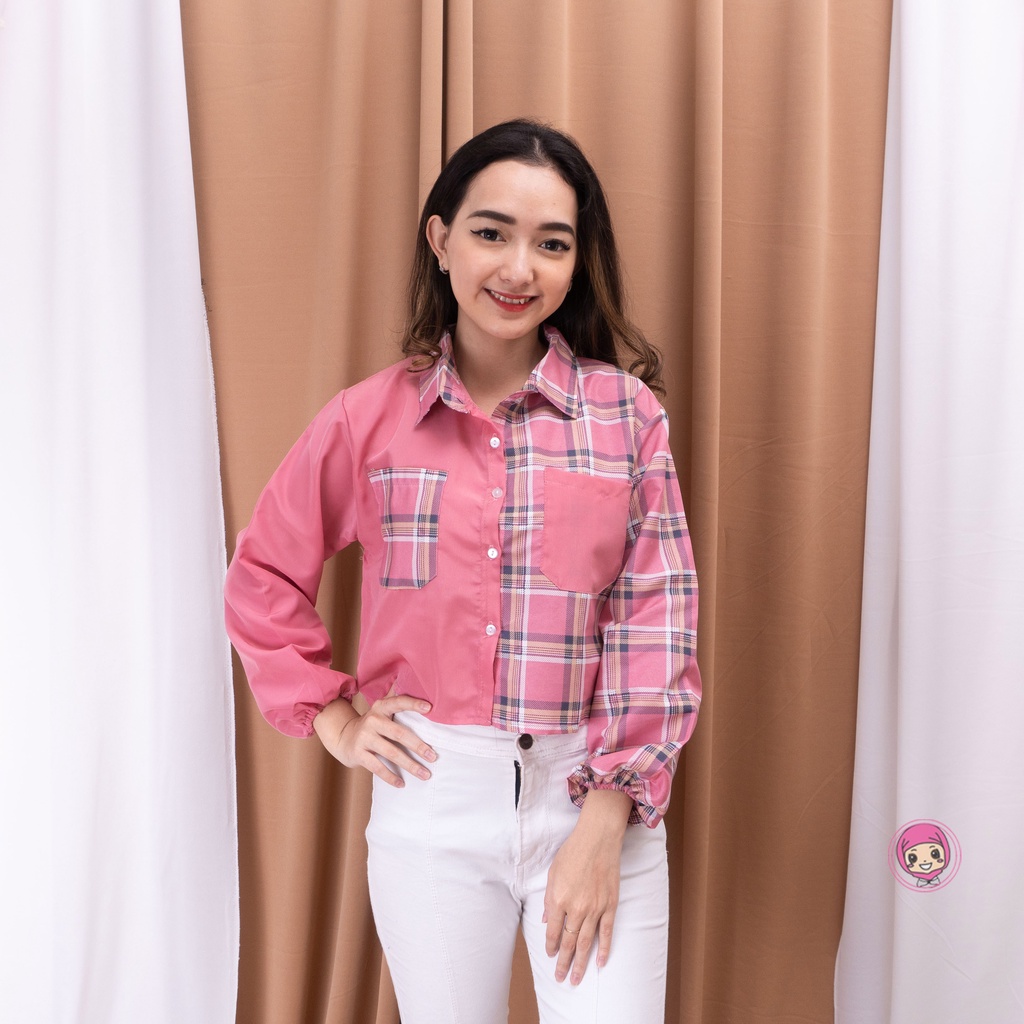 SALE!!! Mika Crop Top / Kemeja Crop Wanita Tartan / Kemeja Two Tone Kotak-MIKA DUSTY