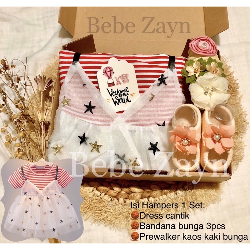 {BEBE ZAYN} Hampers baby/ hampers bayi/ baby gift/ kado bayi/ baby newborn/ Baby Girl/ Flowery Dress Set-Stars Red