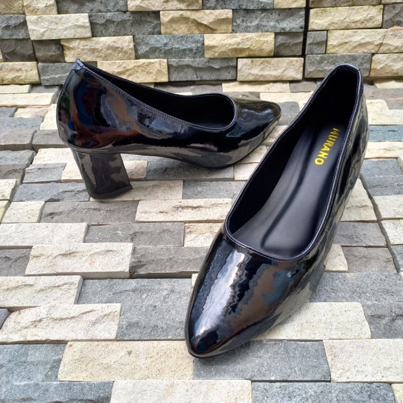 Pantofel Murano Agatha Black Glossy Size 41-46 Hak Balok 7 cm