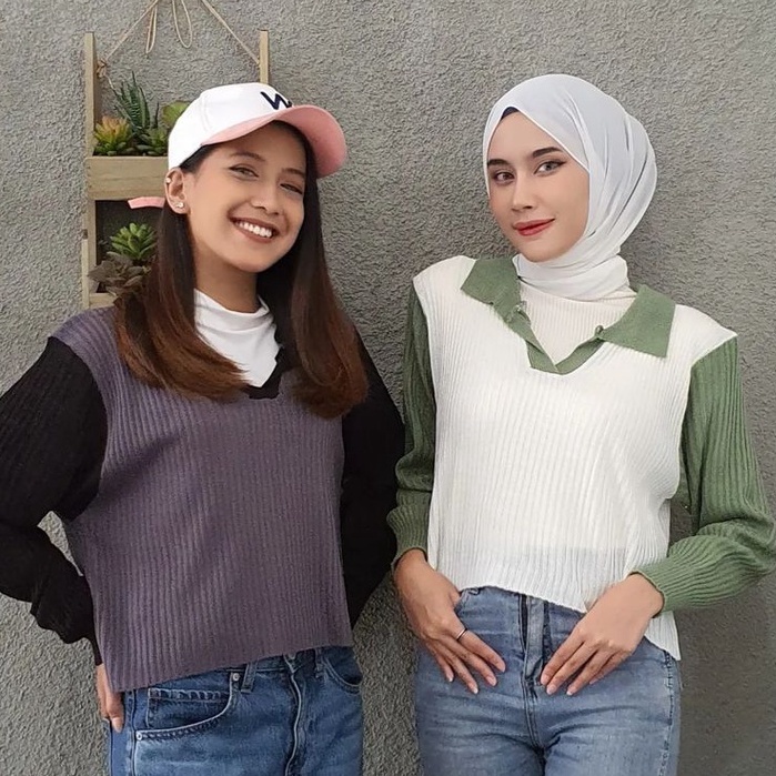 Outwear Crop Wanita Belle Collar Bahan Rajut Ala Korean Style