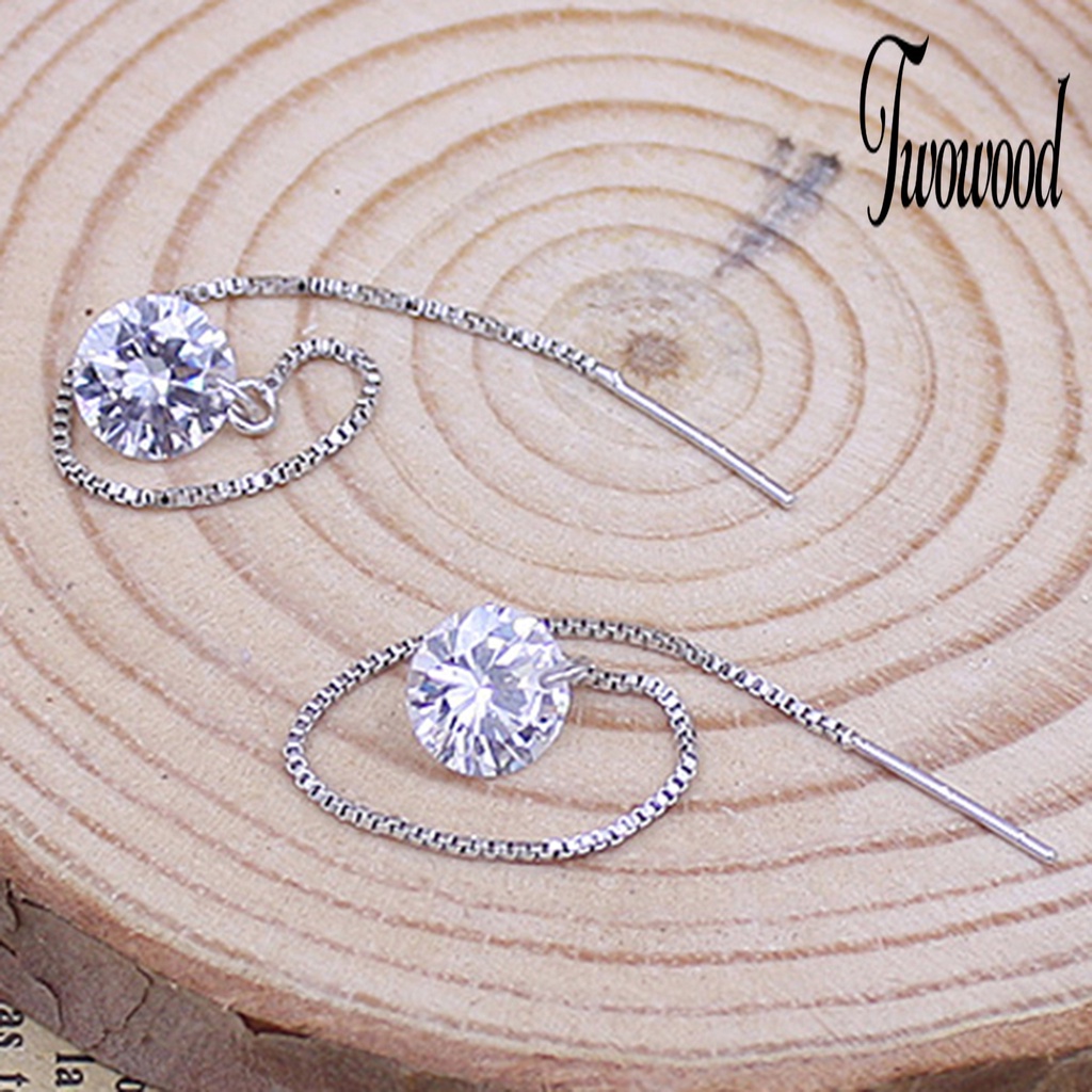 1 Pasang Anting Menjuntai Bentuk Bulat Bahan Cubic Zirconia Lapis Silver Anti Korosi Untuk Wanita