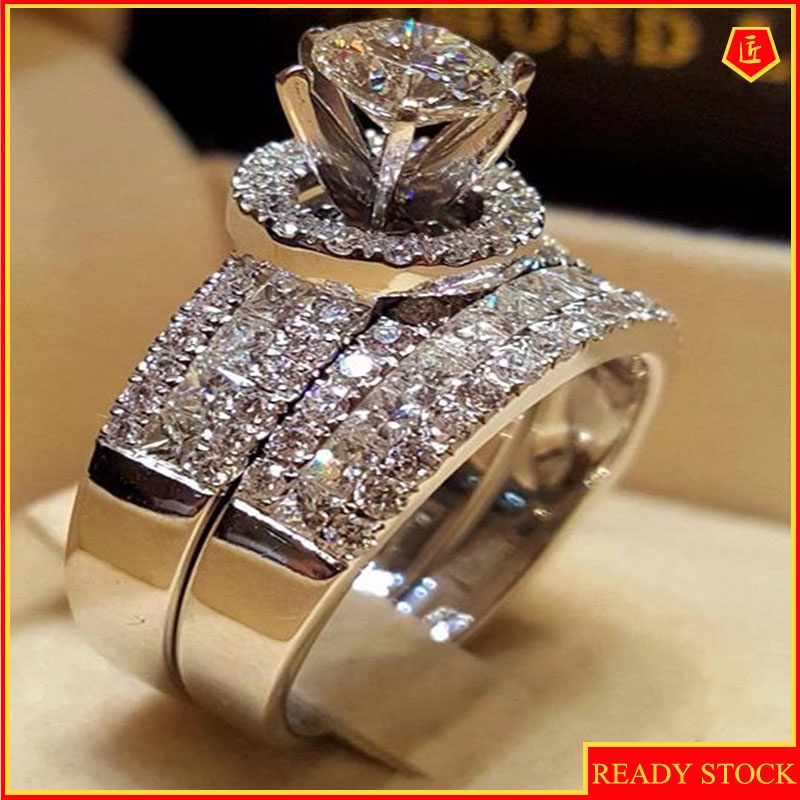 [Ready Stock]Square Princess Double Rings Inlaid Diamond Affordable Luxury Fashion