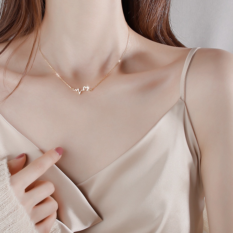 Kalung Rantai Dengan Liontin Bentuk Electrocardiogram Aksen Berlian Imitasi Untuk Wanita