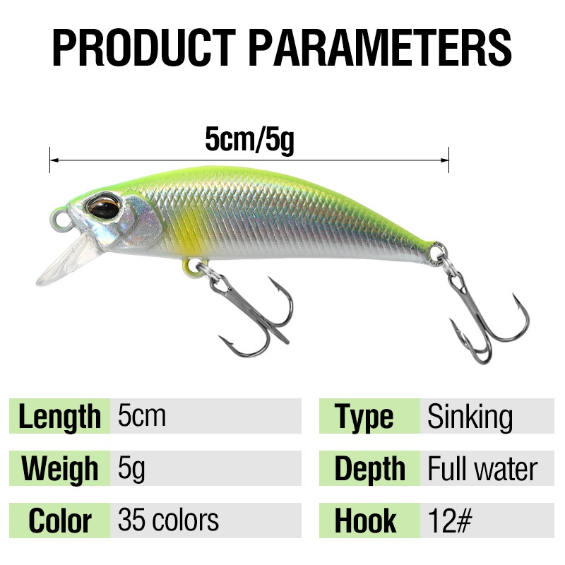 Umpan Pancing Ikan Minnow 3D 35 Warna 5g / 5cm Bahan Plastik Dengan 2 Kail UMPAN PANCING TERLARIS