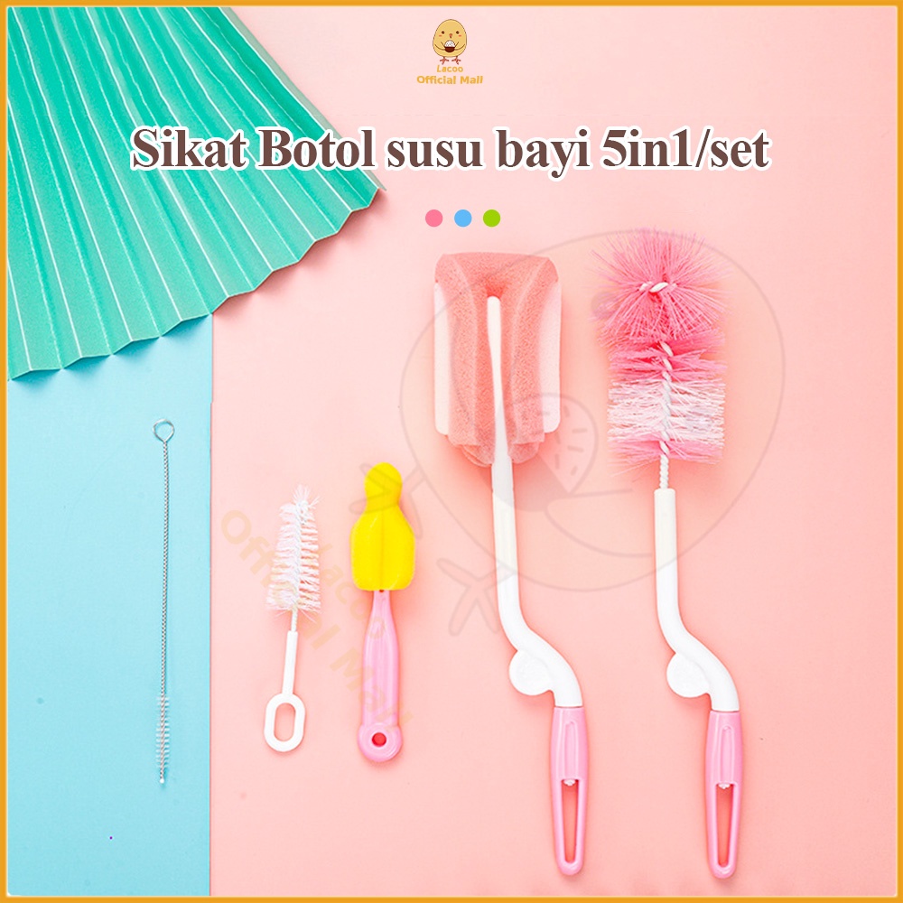 Lacoo Sikat Botol susu bayi Sikat Spon pembersih botol susu 5in1/set