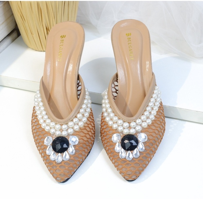 FLASH SALE 7.7 Sandal Wanita High Heels Brukat Jala Strap Mutiara SP 23