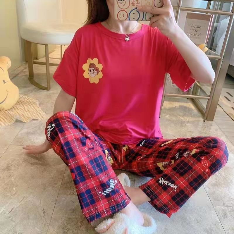 Setelan Piyama Lengan Pendek Baju Tidur Wanita Set Baju Tidur Wanita Dewasa Set Piyama Oversize-Red Little Girl