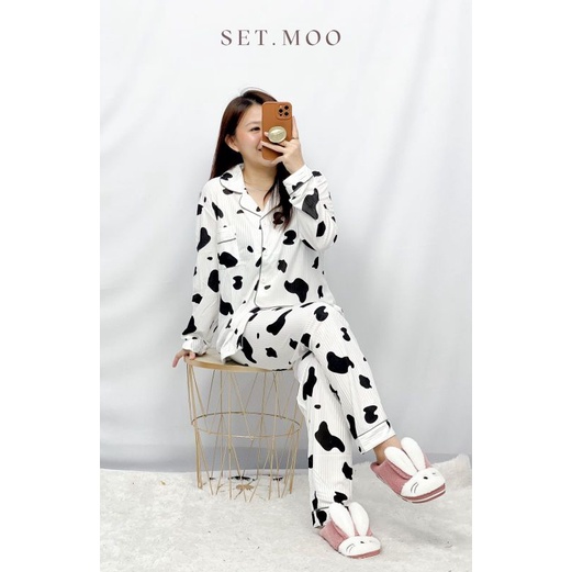 MDLV ~ Baju Tidur Set Moo PP Celana Panjang Setelan Piyama Dewasa White Dancow Import