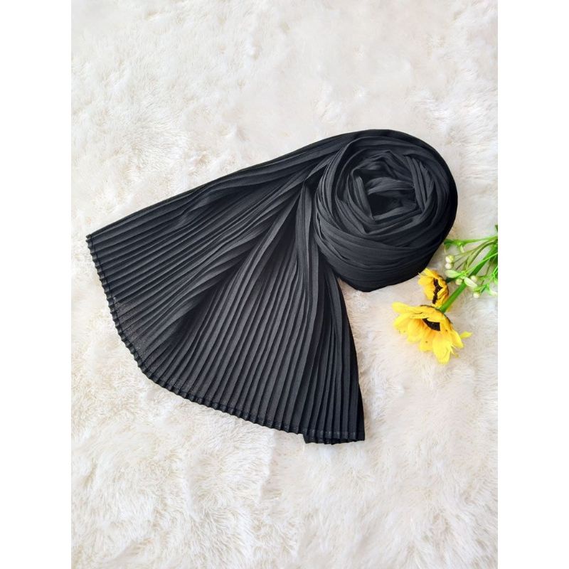 hijab pashmina plisket premium panjang 75x170 tanpa garis tengah//pashmina plisket terlaris murah-Hitam