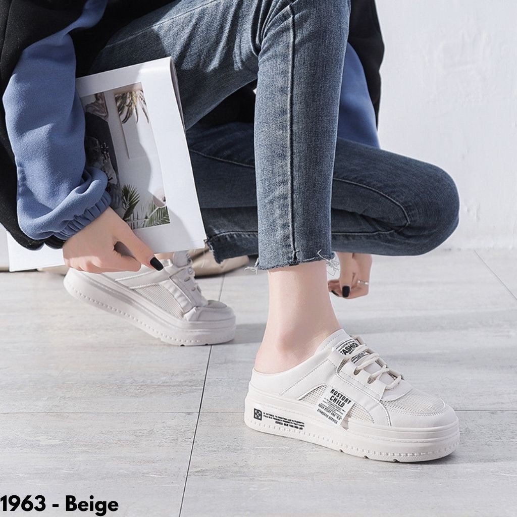 SEPATU SNEAKERS WANITA MODEL SLOP TERBARU NAMBAH TINGGI HIGHSOLE IMPORT KOREA #1963 SIMPLE PUTIH