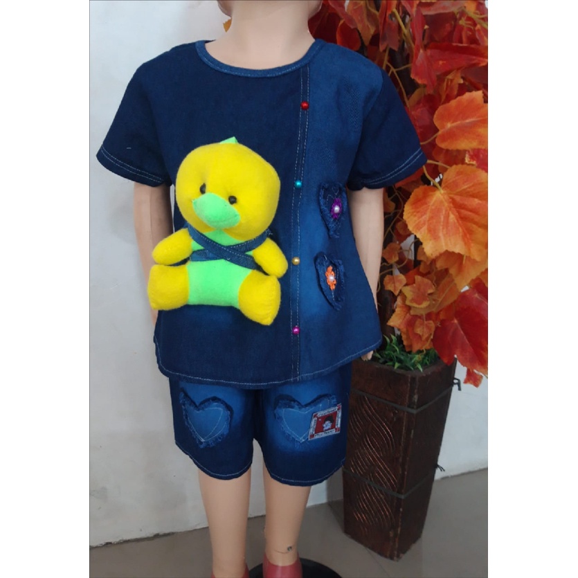 FREE.. BONEKA ATASAN DAN CELANA PENDEK JEANS ANAK PEREMPUAN UMUR 3-9 tahun // ONE SET PAKEAN HARIAN 