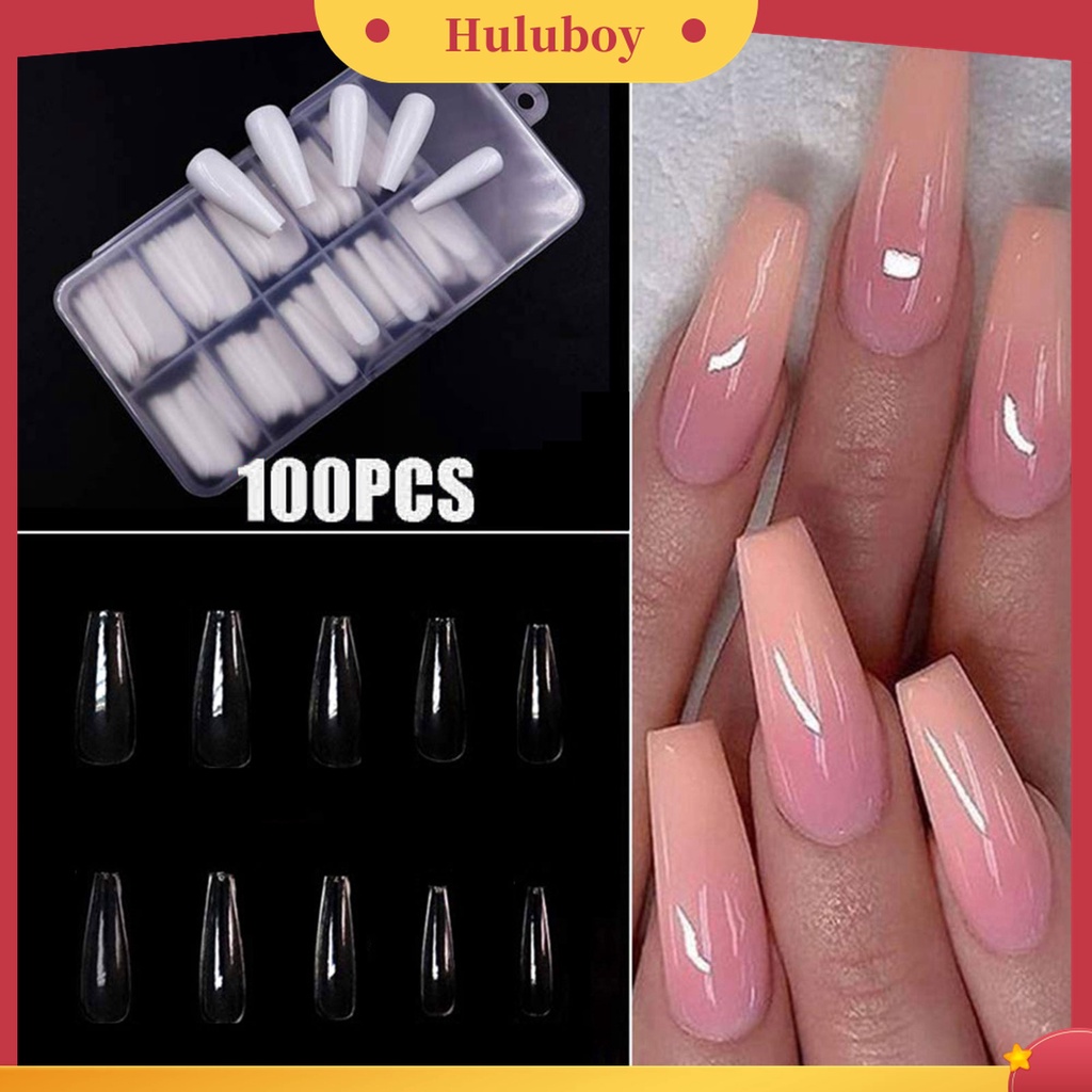 Huluboy Huluboy♡ 100pcs Kuku Palsu Full Cover Natural Dengan Kotak Untuk Wanita