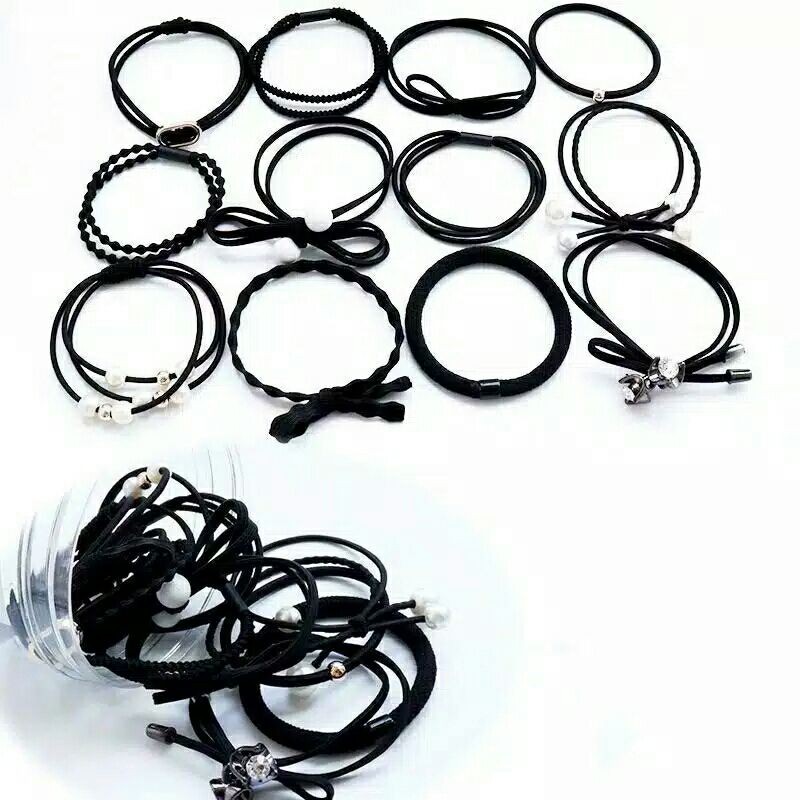 Ikat Rambut 12 In 1(  KEMASAN PLASTIK )Fashion Wanita / Accesories Rambut Import / Ikat Rambut-Hitam