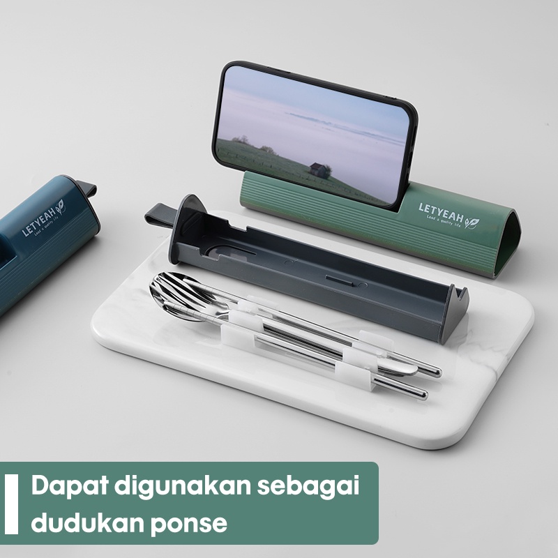 Letyeah &amp; Kaizenliving Travel Cutlery Set Sendok Garpu Sumpit Alat Makan Set Stainless Steel 3 Pcs pemegang ponsel