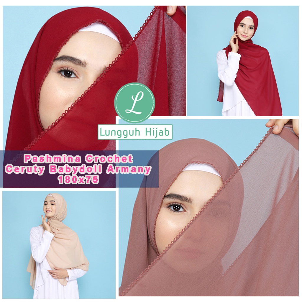 Pashmina Crochet 180x75 Ceruty Babydoll Armany Sulam Picot Embordy Cleo Shawl