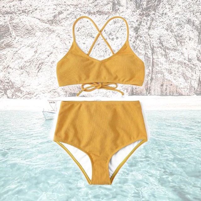 Solid Rib Knit Bikini Set Mustard