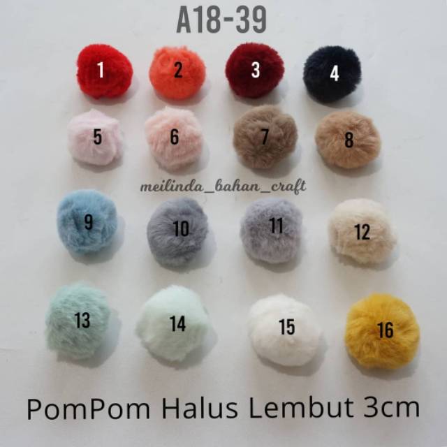 

kode A18 POMPOM HALUS 3 cmPrice :Rp. 18.000/ 6 pcsRp. 30.000/12 pcs