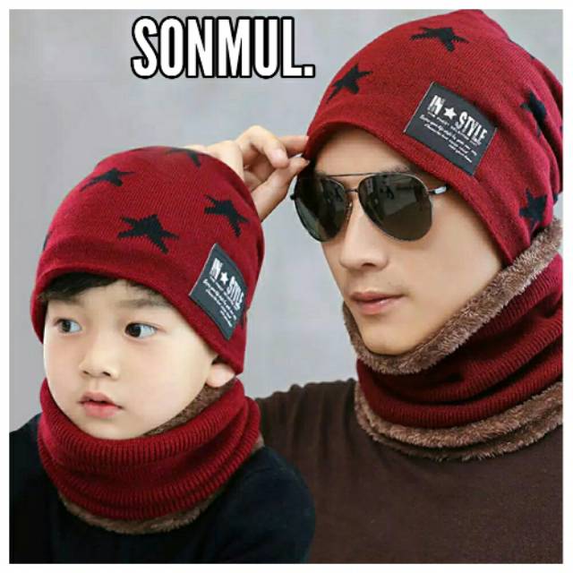 KIDS ADULT WINTER BEANIE HAT + SCARF WITH FUR INSIDE TOPI SYAL ANAK DEWASA MUSIM DINGIN