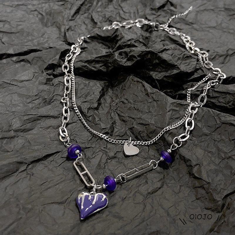 Kalung Rantai Bahan Titanium Steel Model Double layer Bentuk Hati Untuk Musim Gugur Dan Dingin ol2