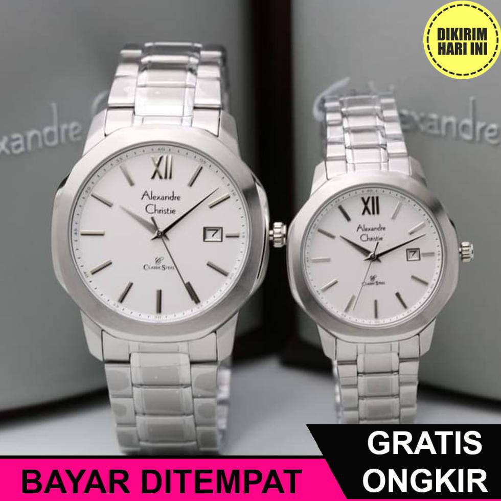(BAYAR DITEMPAT) OE4261 JAM TANGAN PASANGAN ALEXANDRE CHRISTIE ORIGINAL AC 8619 MD LD FULL SILVER