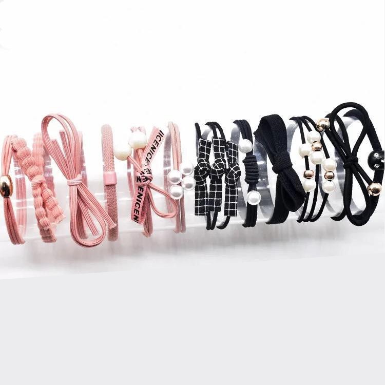 MURMURE.ID | 12PCS/SET KARET RAMBUT ALA KOREA IKAT RAMBUT MUTIARA BANYAK WARNA HA031-Mix Pink Black