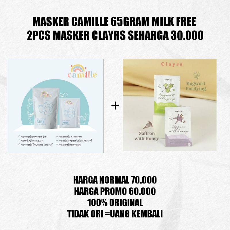 Masker Camille beauty BPOM//masker clayrs Mugwort //masker clayrs saffron/masker yoqueen beauty BPOM-Milk camille 65gr