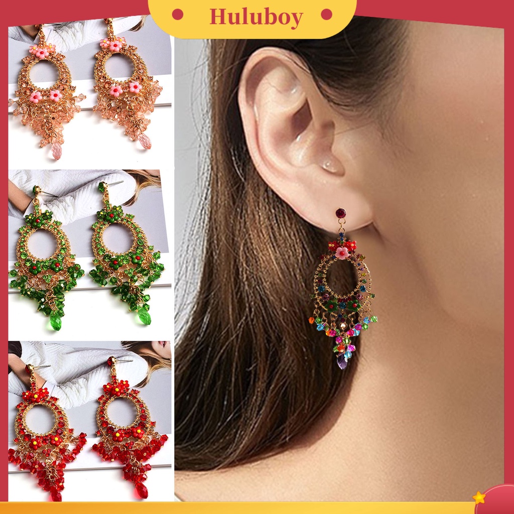 Hu Hu Hu Hu Hu Alat Bantu Pasang Kacamata♡ 1 Pasang Anting Rumbai Manik-Manik Bunga Berlian Imitasi Warna-Warni Gaya Bohemian Untuk Kencan