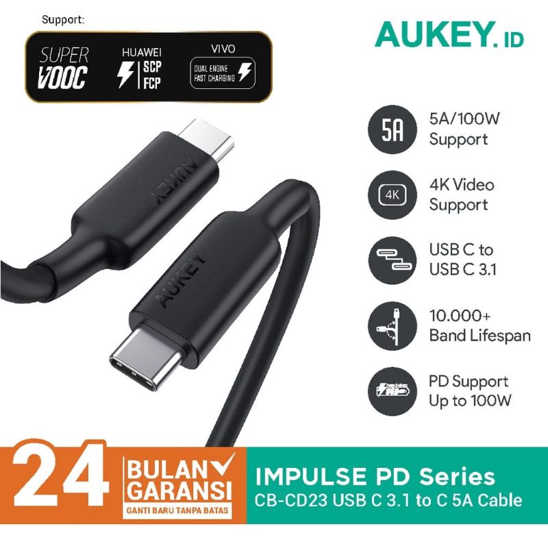 Kabel Charger Type C Aukey CB-CD23 5A TPE (100W) - 500584